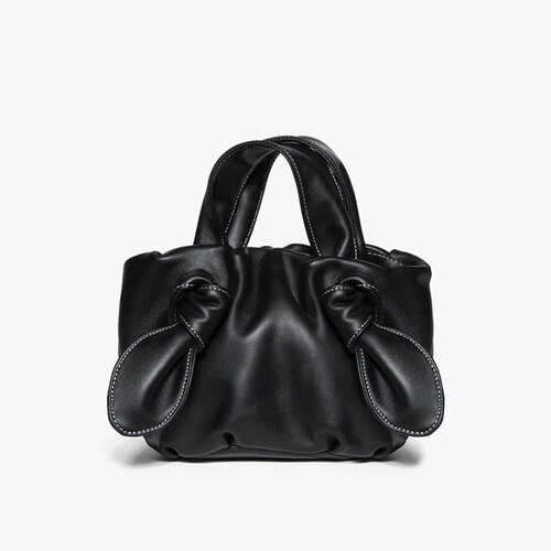 Summer Style Soft Leather Pleated Tote Bag Lady Shoulder Messenger Bag Cloud Bow Handle Women Handbag: Black