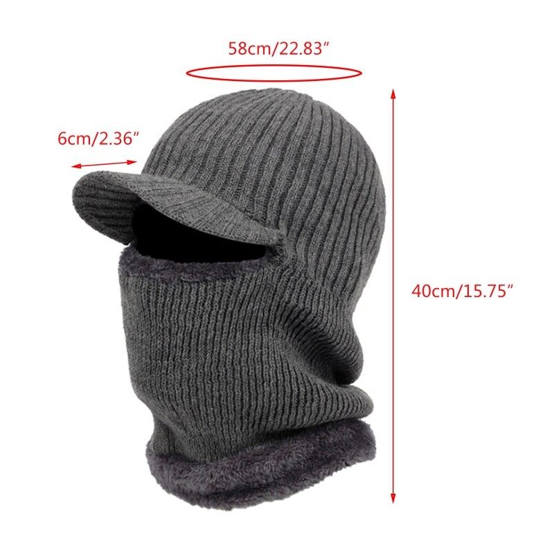 Men Winter Knitted Balaclava Beanie Hat with Windproof Visor Thermal Plush Lining Neck Warmer Cycling Ski Mask Hood Cap