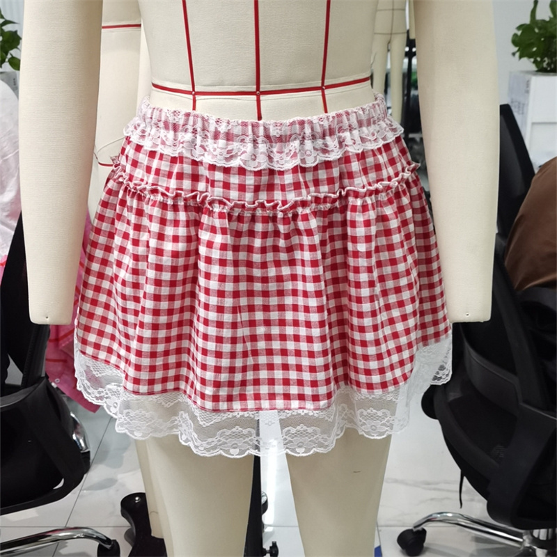 Kvinners  y2k rutete plissert miniskjørt blondere rysjer aline skjørt blå gingham dorothy halloween kostyme pingle skjørt fest klubbantrekk