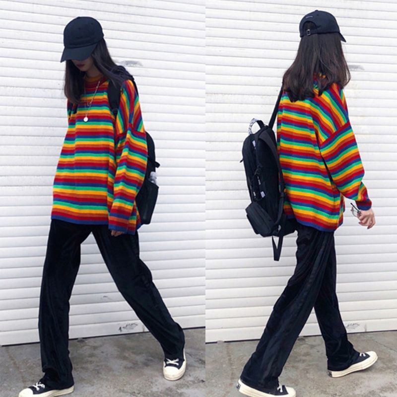 Frauen Teens Herbst Lange Ärmel Stricken Pullover Koreanische Harajuku Regenbogen Streifen Patchwork Lose Jumper Hip Hop Pullover Tunika Tops