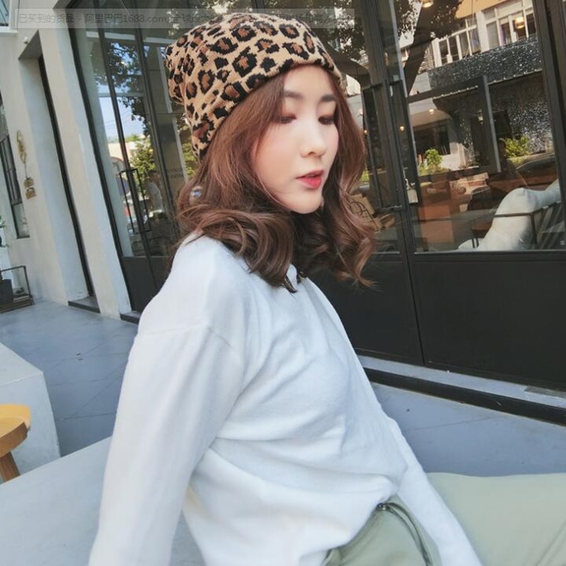 Vinter kvinder leopard hue hatte varmere dame hatte leopard print strikkede vinter skulle kasketter