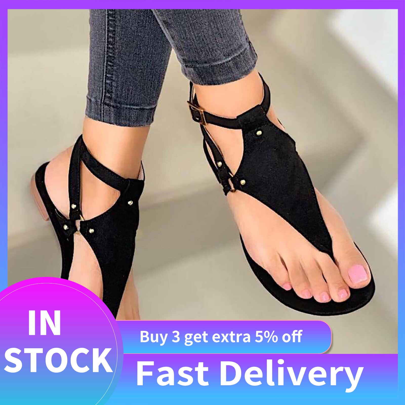 Sandales plates d'été à bout ouvert pour femmes, chaussures de plage, lanière à boucle romaine, tongs grande taille, #40