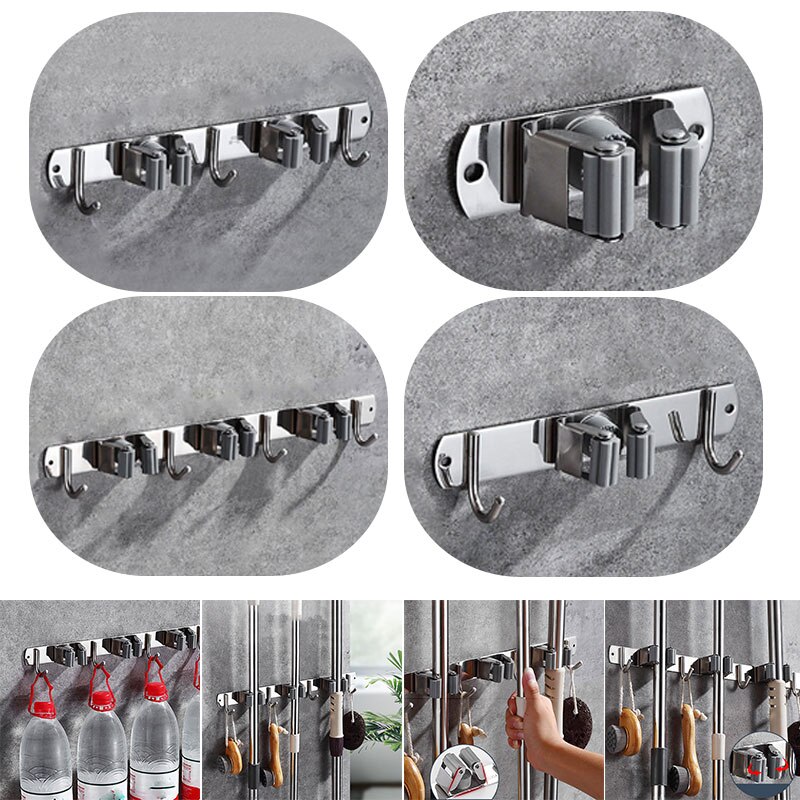Stainless Steel Mop Holder Wall Hook Punch-free Strong Glue Wall Mounted Mop Organizer Holder Brush Broom Hanger