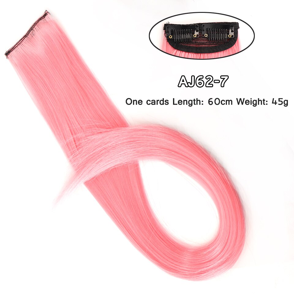 LM Long Straight Rainbow HairPiece Hair Extensions Clip In Hair Streak Pink Synthetic Hair Piece Strands on Clips: AJ62-7