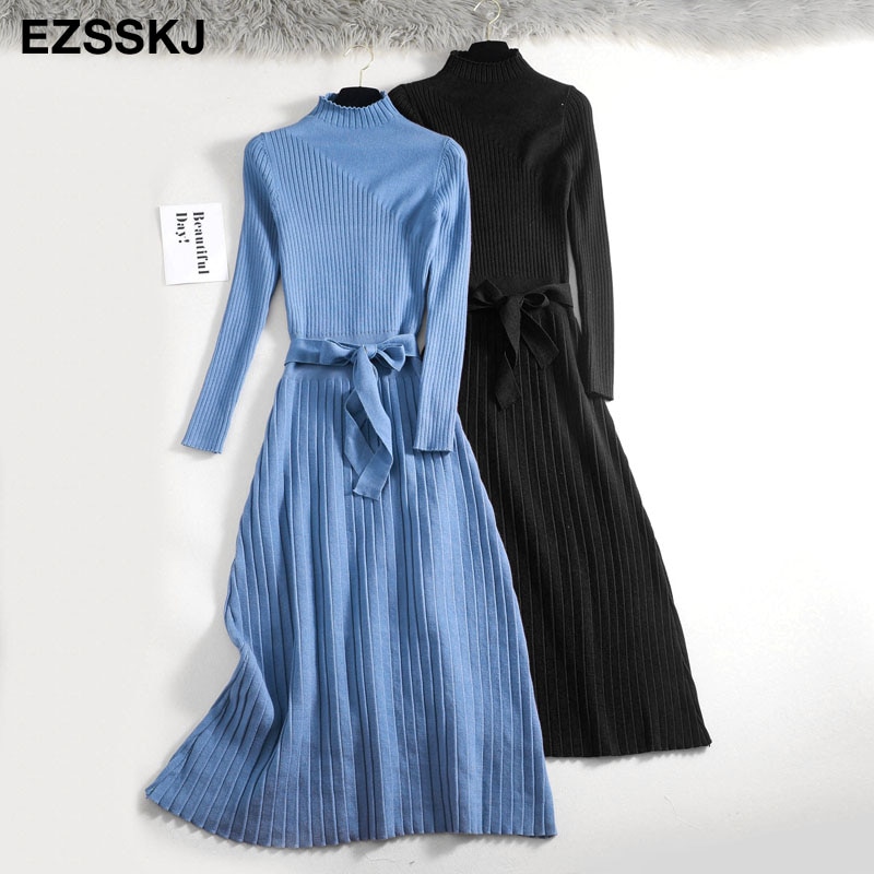 herfst winter maxi trui jurk vrouwen lange mouw OL vrouwelijke lange trui jurk met riem elegante a-lijn solid slim jurk