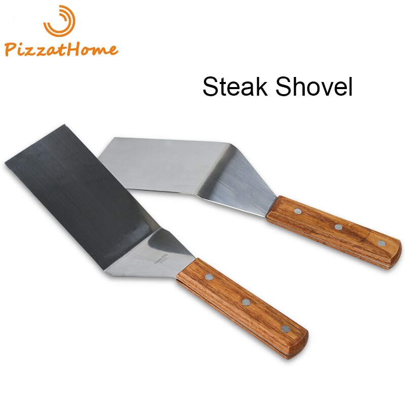 PizzAtHome-ESPÁTULA de acero inoxidable para parrilla, pala para carne con mango de madera, herramienta para barbacoa, girador de carne, pala redonda y cuadrada