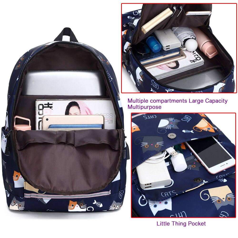 Usb opladning reflekterende skoletasker til teenagepiger vandtæt high school rygsæk kvinder studerende bog taske rejserygsække
