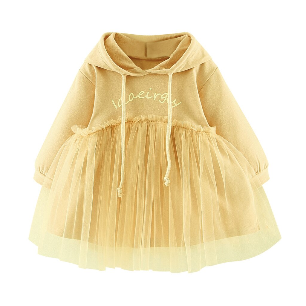 herfst en winter modelsToddler Baby Kids Meisjes Ruches Brief Tulle Patchwork Hooded Sweater Jurk Vallen vervoer: Yellow  / 18m