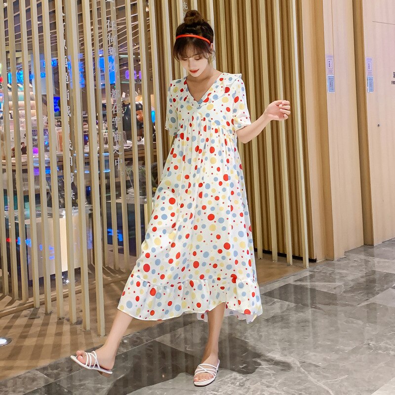 Summer Korean Maternity Long Dress A Line Clothes for Pregnant Women Sweet Polka Dot Pregnancy: RED / M