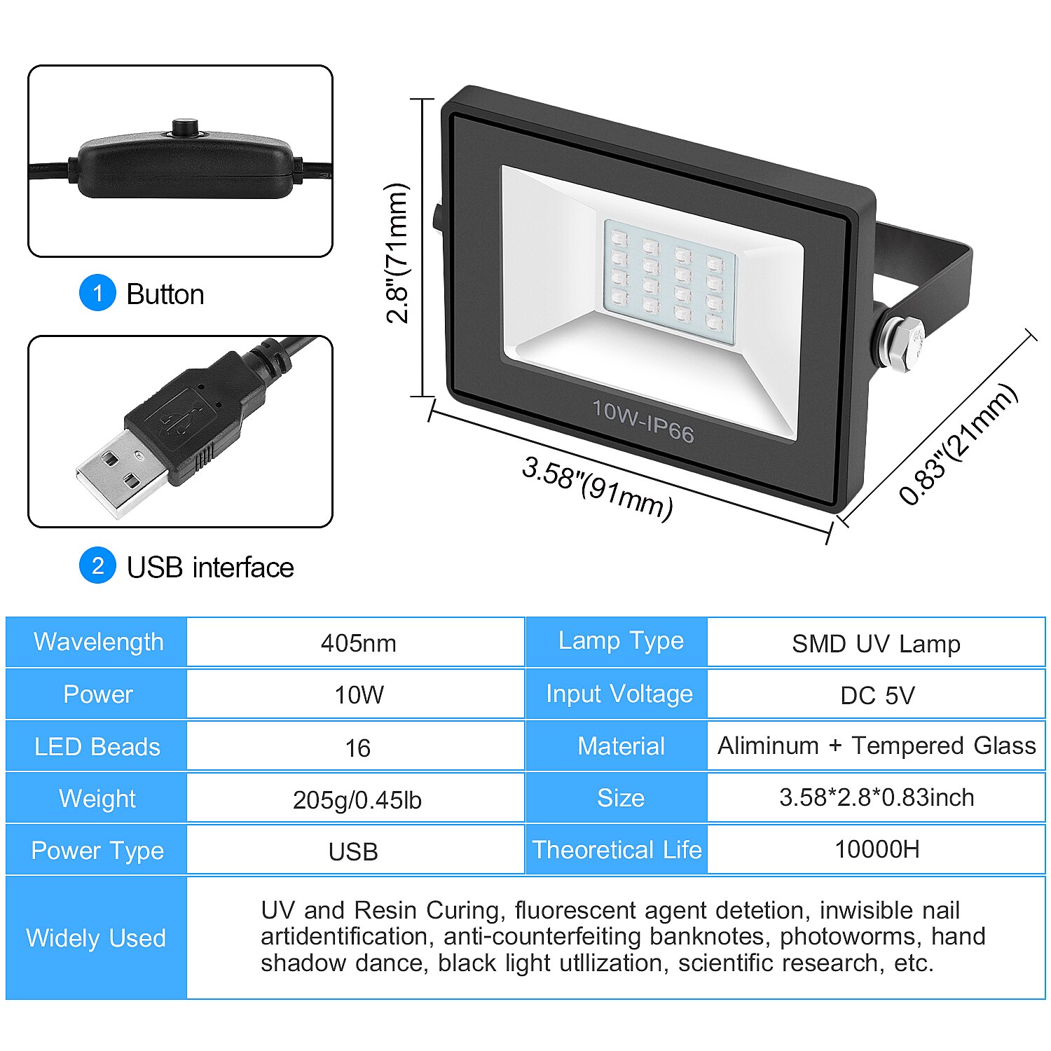 UV Curing Floodlight/Spotlight DIY LED Resin Curing Lamp 10W 405nm UV Resin Output Effect Fast Curing for SLA DLP 3D Printer