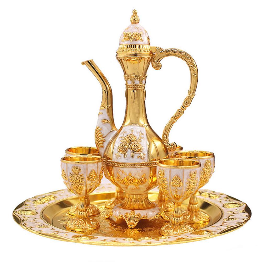 Juego de decantador de vino Retro Palace con tazas y bandeja de servicio, conjunto de , decoración para el hogar, 1 plato + 1 olla + 6 tazas: A