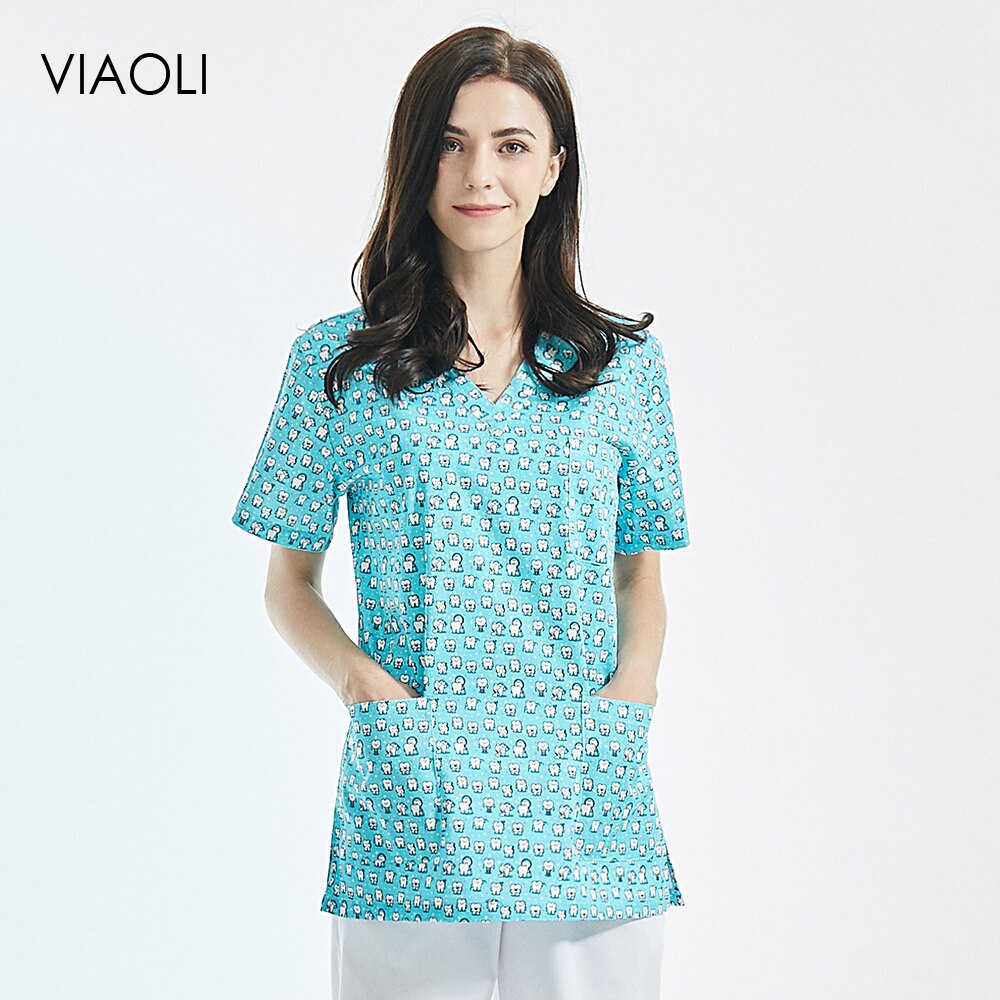 Col en v respirant scrubs vêtements de travail dessin animé impression scrubs hauts/chemises uniforme animal de compagnie toilettage travail vêtements ensemble hommes et femmes