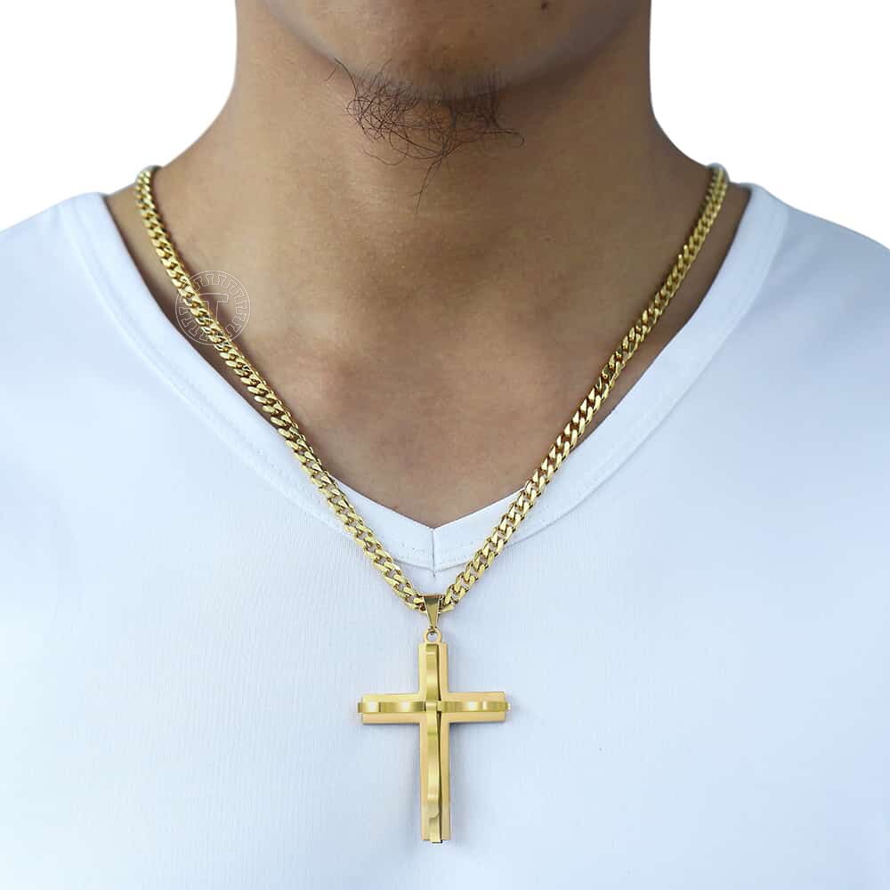 Collares con colgante de Cruz para hombre, cadena de dijes de acero inoxidable, Color negro, dorado y plateado, joyería Hip Hop KP52