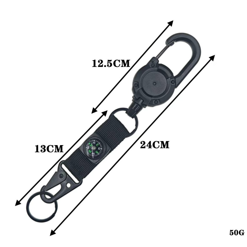 Intrekbare sleutelhanger, stevige ID-badgehouder met rolmechanisme, multitool sleutelhanger, badgehouder met 25,6 inch stalen intrekbaar koord en sleutelring: zwart