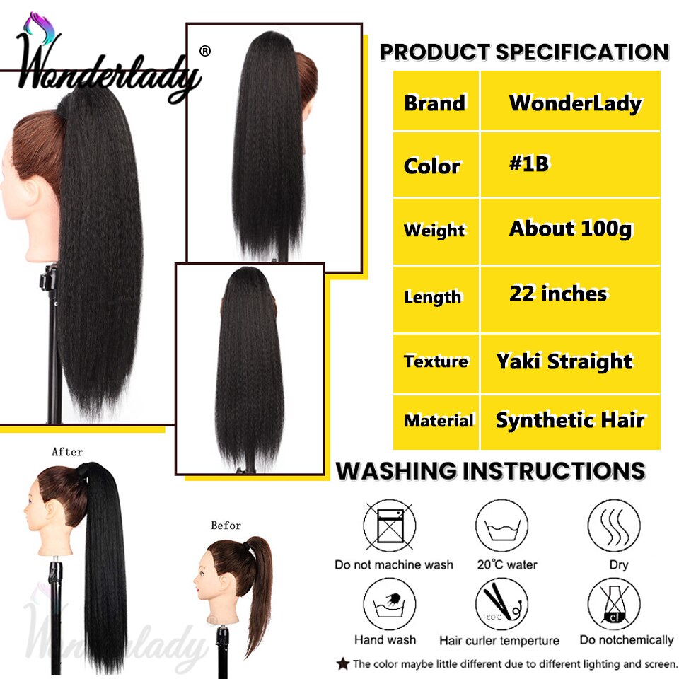 WonderLady Afro Yaki Straight Drawstring Ponytail Synthetic Hair Extensions Long Hairpiece Wrap Around Ponytail For Women Black