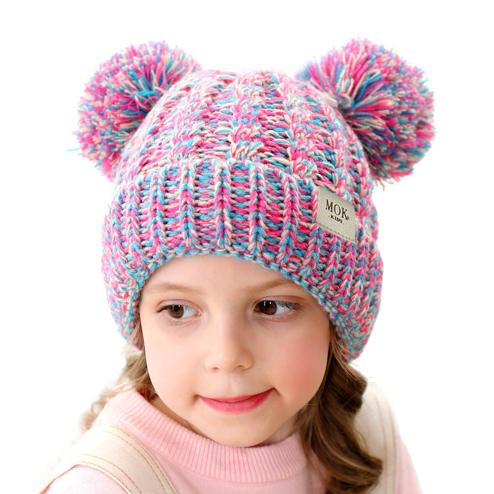 1pcs Kids Winter Hat Double Pom Pom Hat Baby Boy Girls Knitted Fleece Beane Hat Child Winter Soft Warm Ear Cap Pink Yellow