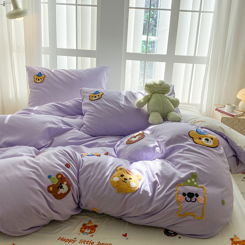 Pussilakanasetti, jossa sininen ja pinkki kirjonta, sekoitus pestyä puuvillaa, minimalistinen, neliosainen setti, jossa on aluslakanoita, pussilakana.: 2.0 / Vaalean musta / Tasainen lakana