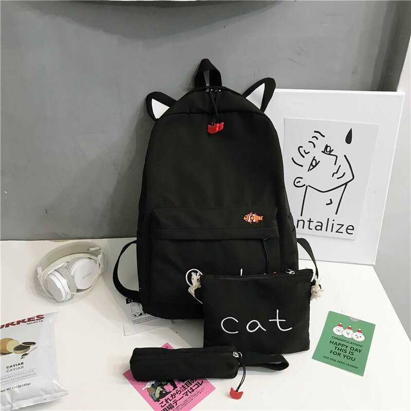 Trend Female Backpack Women Backpack Cute School Bag For Teenager Girl Waterproof Shoulder Bags: Black 3pcs