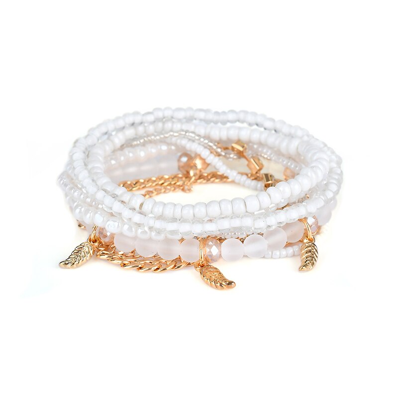 Bohemia smykker af flerlags elastisk vævet sæt perler armbånd & armbånd til kvinder med blad kvast charm wrap wrap armbånd pulsera