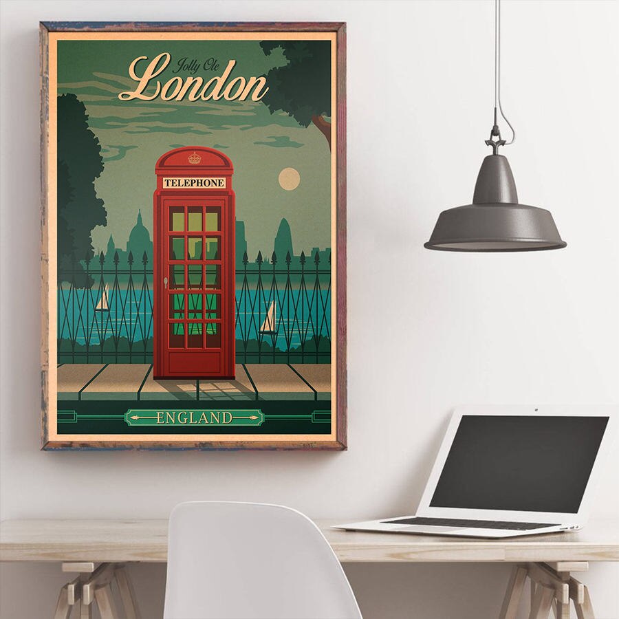 London city rejseplakat håndmalet turistattraktioner vintage kraftpapir pub cafe soveværelse boligindretning wallsticker 42 x 30cm