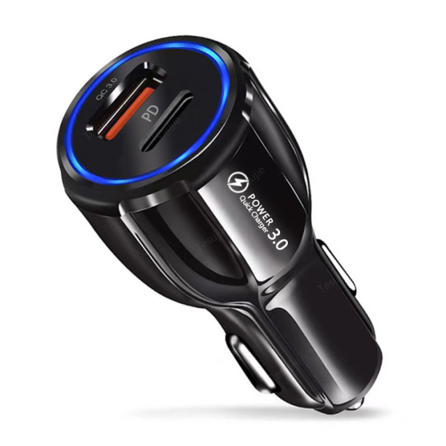 100w usb billaddare snabbladdning  qc3.0 pd typ c snabb bil usb laddare för iphone xiaomi samsung mobiltelefon bil usbc laddning: Svart