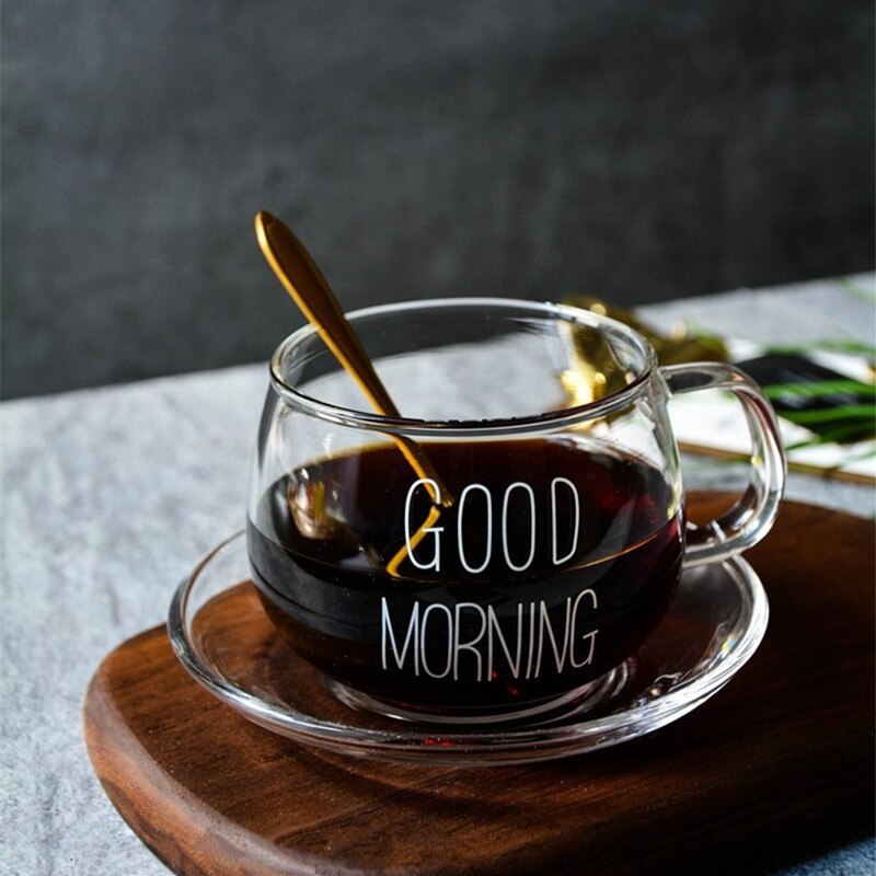 1 stk glas morgenmad kop kaffe te mælk yoghurt krus bogstaver trykt krus gennemsigtigt håndtag drinkware