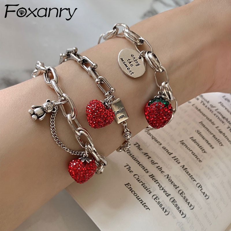 Foxanry 925 selo grosso corrente pulseiras para as mulheres na moda elegante encantador espumante morango zircão festa jóias