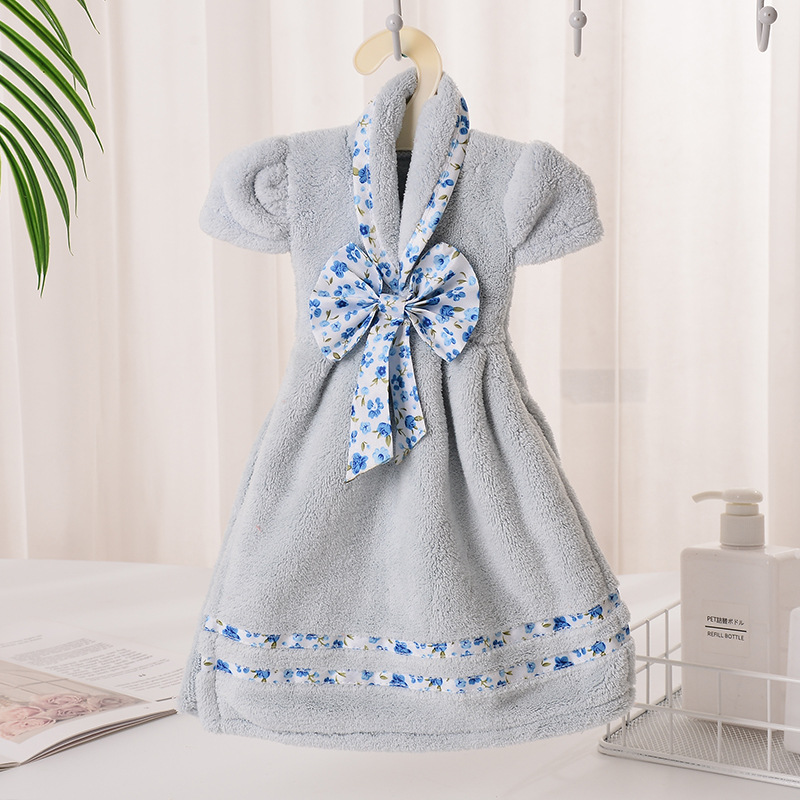 Bathroom Cute Hanging Towel Coraline Bow-knot Skirt Soft Thick Printed Flower Girls Dress Hand Towel for Children to Wipe Hands: Blue