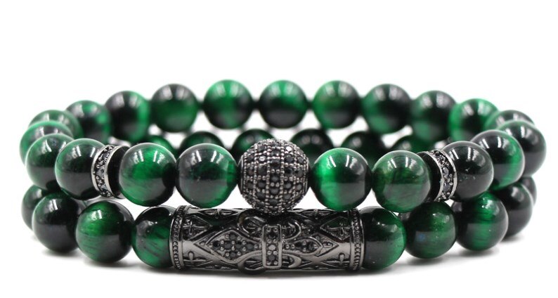 8mm 2 stks/set tg43 elastische aangepast natuur groene Tijgeroog bead micro pave cz zirkoon zirconia Koperen Armbanden Armband: 3