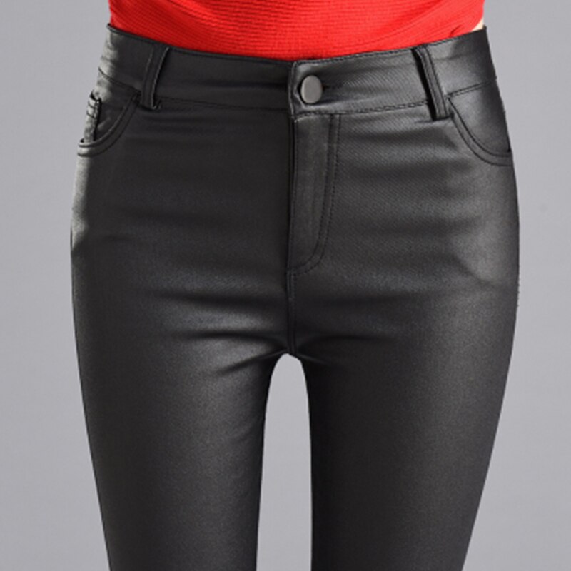 Vrouwen Dunne Fluwelen PU Lederen Broek Vrouwelijke Elastische Stretch Faux Leather Skinny Potlood Pant Strakke Broek Herfst Winter: one button / L