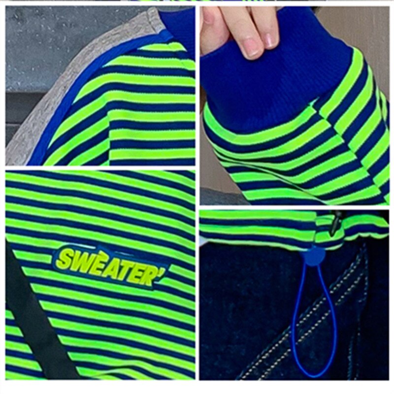 Sudadera gruesa de manga larga para niño, ropa deportiva coreana con estampado a rayas, holgada, para otoño e invierno,