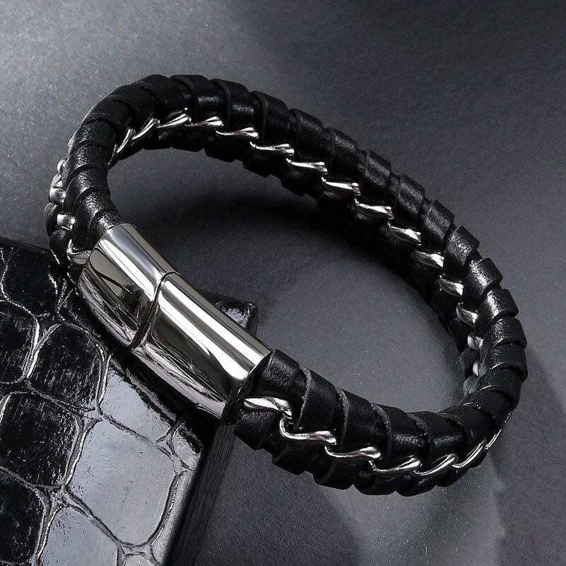 MOZO Neue Männer Charme Leder Armbänder Edelstahl Kette Armbänder Punk Felsen Männer modisch Schmuck