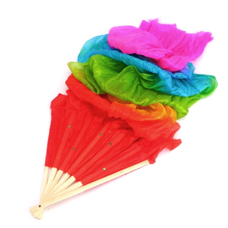 Kleurrijke Buikdans Bamboo Lange Zijde Fans Veils 4 Kleuren Hand Made Zijde Fan