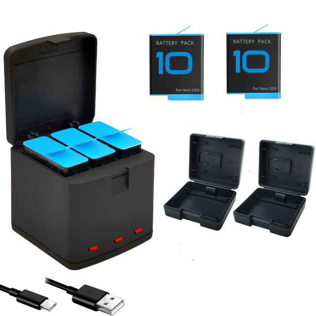 Baterías de iones de litio de 1720mAh para GoPro Hero 10 9, cargador de batería, caja Go Pro Hero9, accesorio de cámara de almacenamiento de AHDBT-901 negro: 1 Charger 2 Battery
