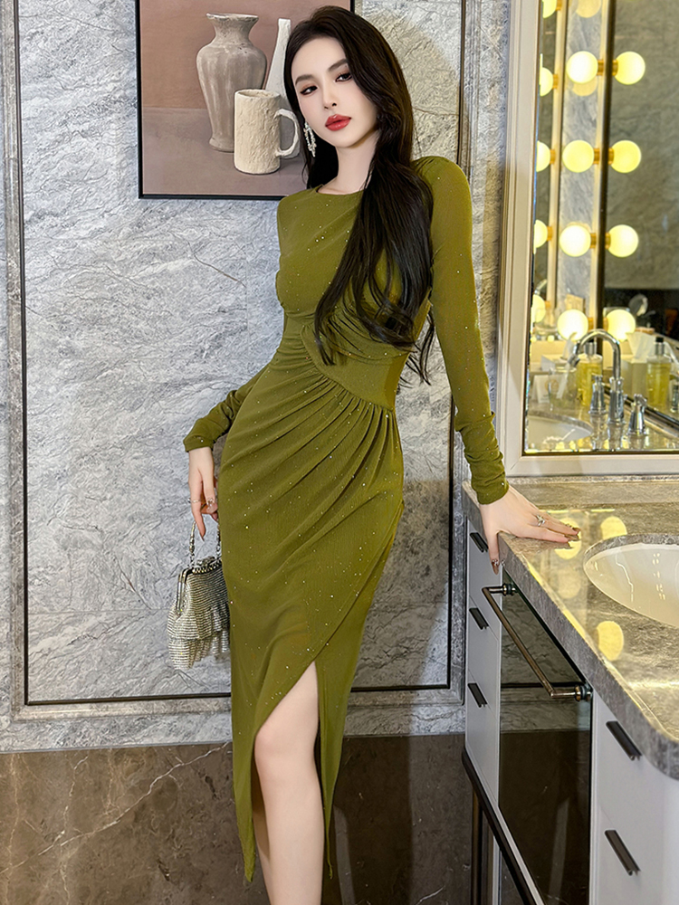 Dame mesh pailletter lang asymmetrisk kjole kvinder elastisk tøj sexet o-hals folder fest gallakjole vestidos