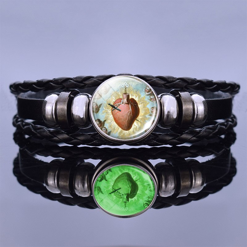 Glow In The Dark Aztec Calendar Mexican Art Men Punk Braided Bracelet Charm Mayan Calendar Jewelry: size 6