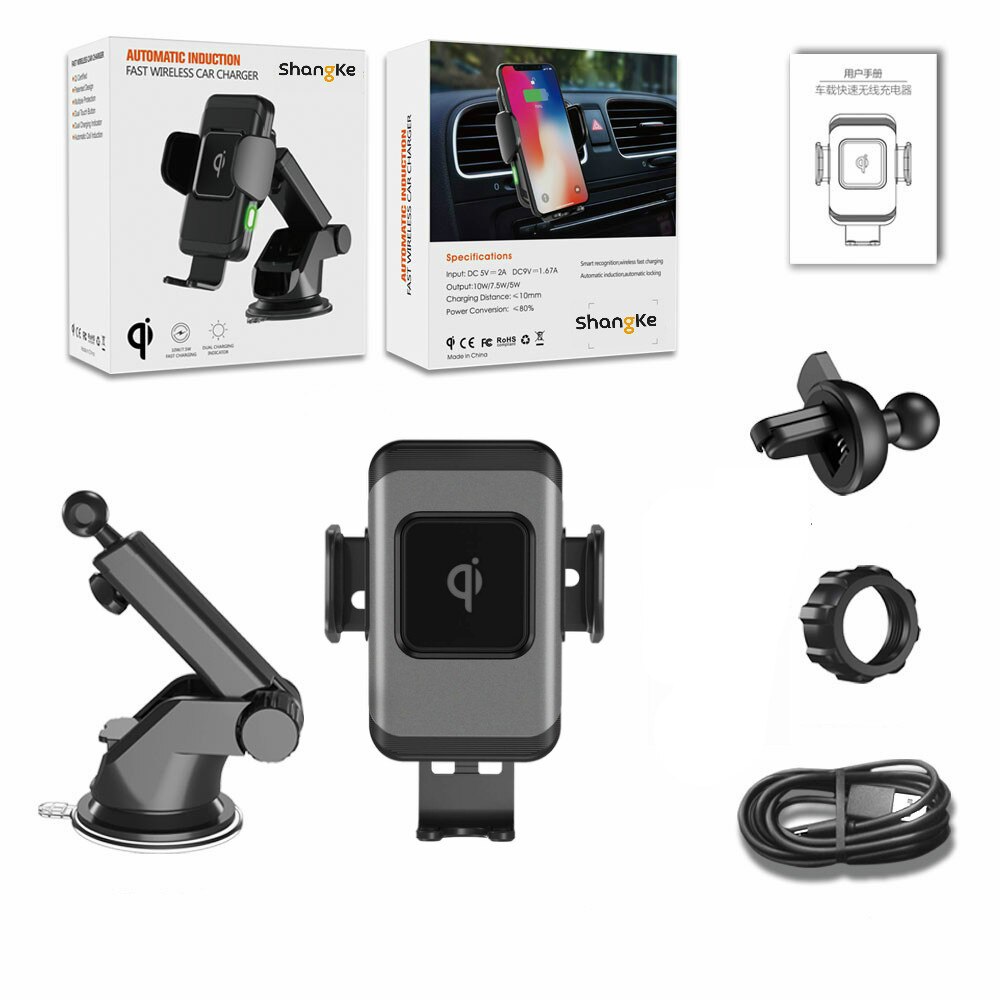 Draadloze autolader 10w autoklem 2- in -1 qi snellader autohouder ventilatierooster dashboard telefoonhouder voor iphone  x 8 samsung  s9: Zilver