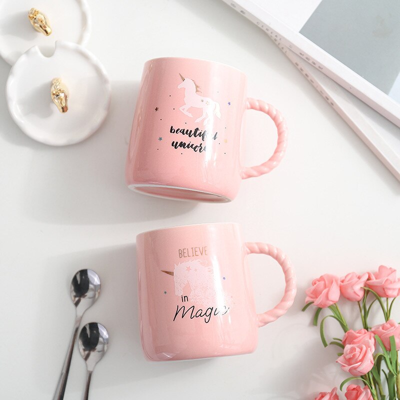 Taza de unicornio rosa, Taza de cerámica con tapa, cuchara creativa, tazas de café de agua