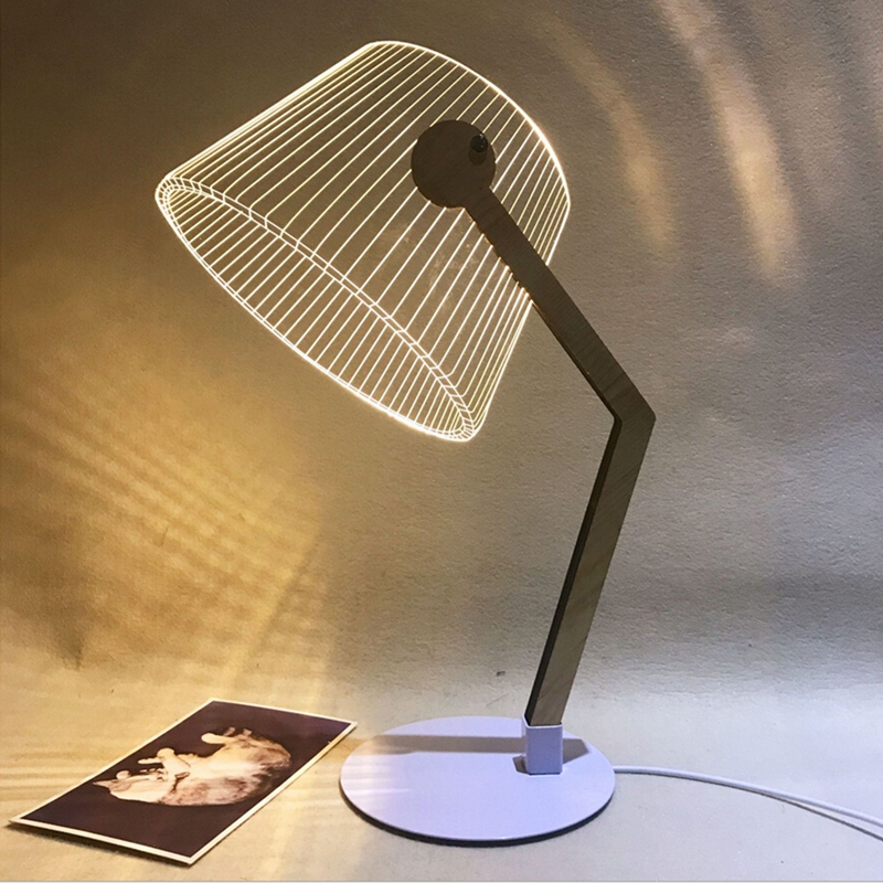 3D Effect Stereo Vision Led Bureaulamp Hout Beugel Acryl Lampenkap Led Lamp Woonkamer Slaapkamer Leeslamp Met Usb plug