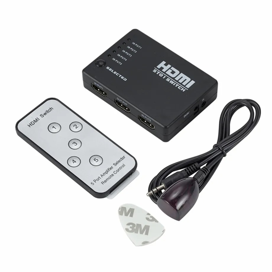 5 Port HDMI-compatible Switch 1080p Selector Splitter Hub With IR Remote Controller For HDTV DVD BOX HDMI Switcher 5 In 1 Out: Default Title