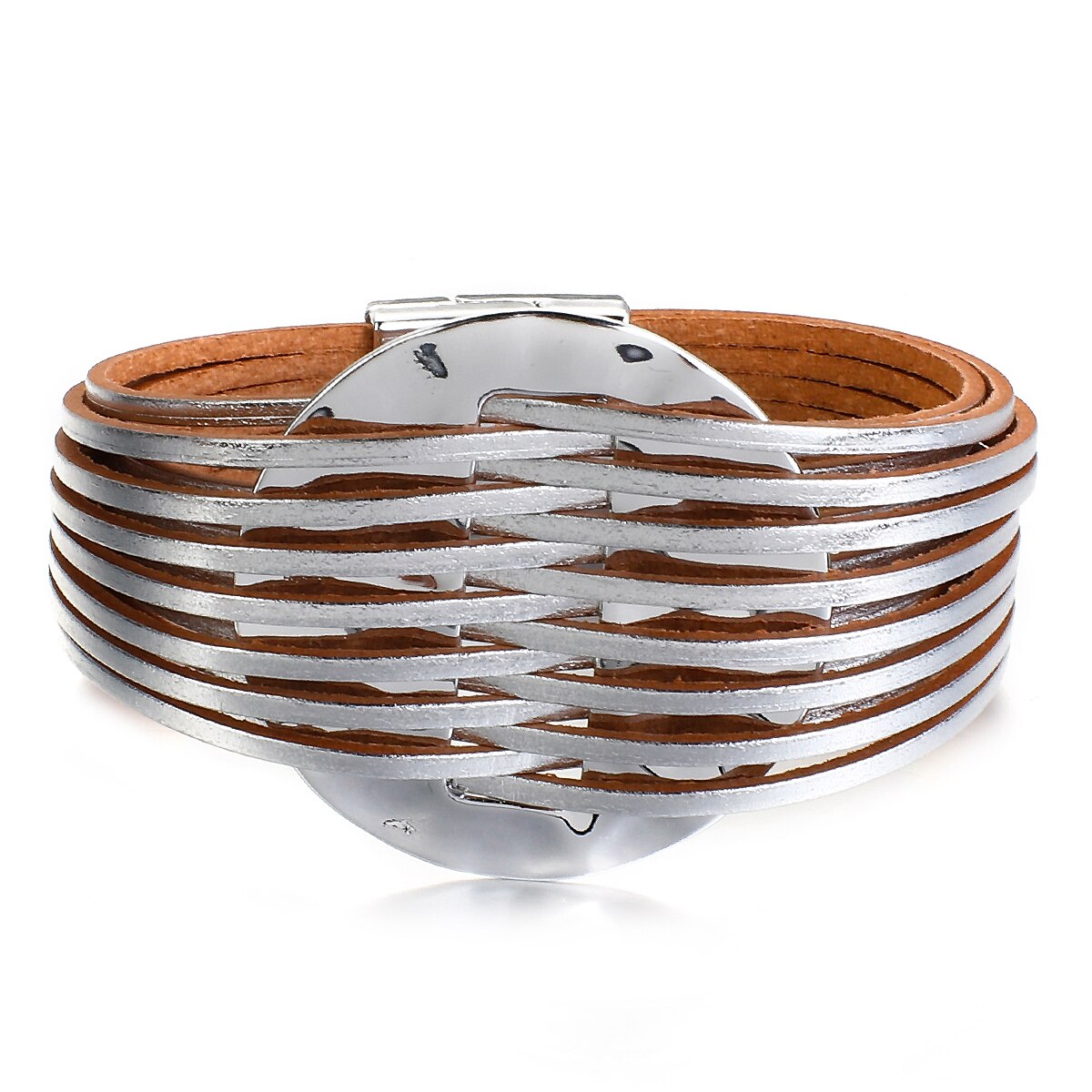 ALLYES Mulitlayer Dünne Streifen Leder Armbänder für Frauen Runde Kreis Charme Breite Wrap Armband Weiblichen Schmuck: Silver