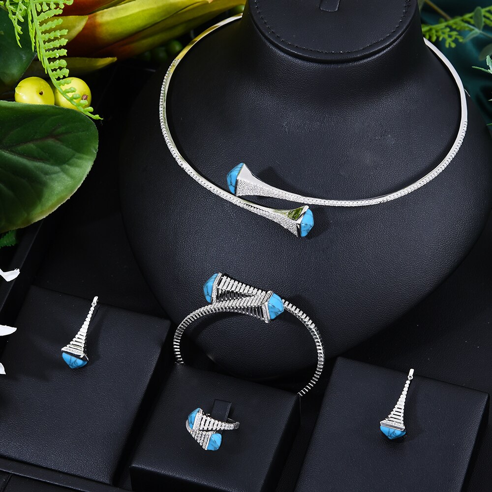GODKI nowa sława marka 4 sztuk Waterdrop zestawy biżuterii dla kobiet Wedding Party Cubic cyrkon wysokiej klasy Craft Dubai zestaw biżuterii ślubnej: silver turquoise set