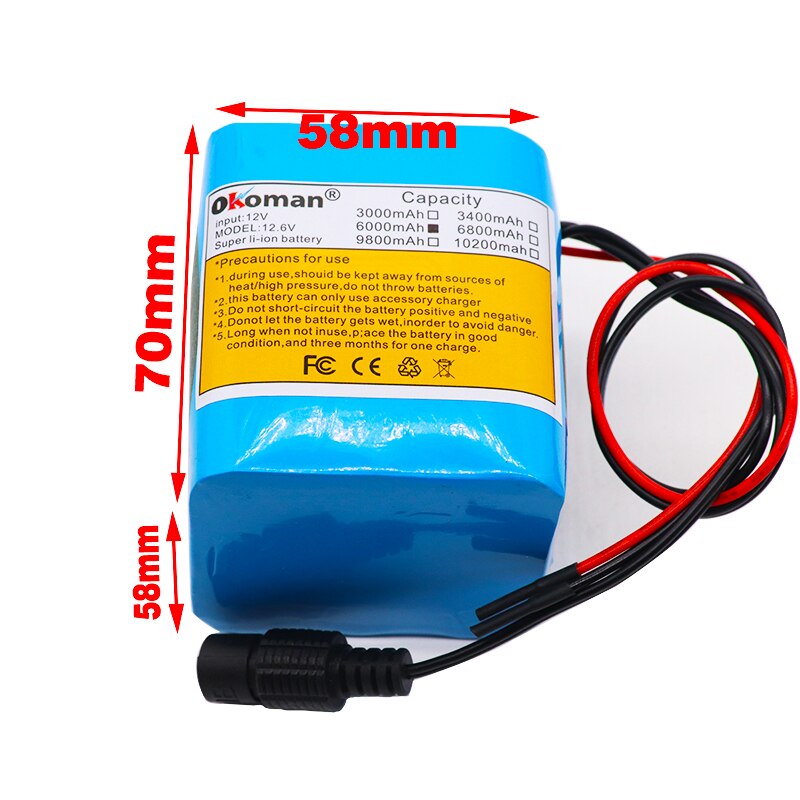 Okoman Large Capacity Battery Pack 12V 6000mAh 18650 Lithium Ion Rechargeable Battery 6Ah DC12.6V Portable Battery Pack