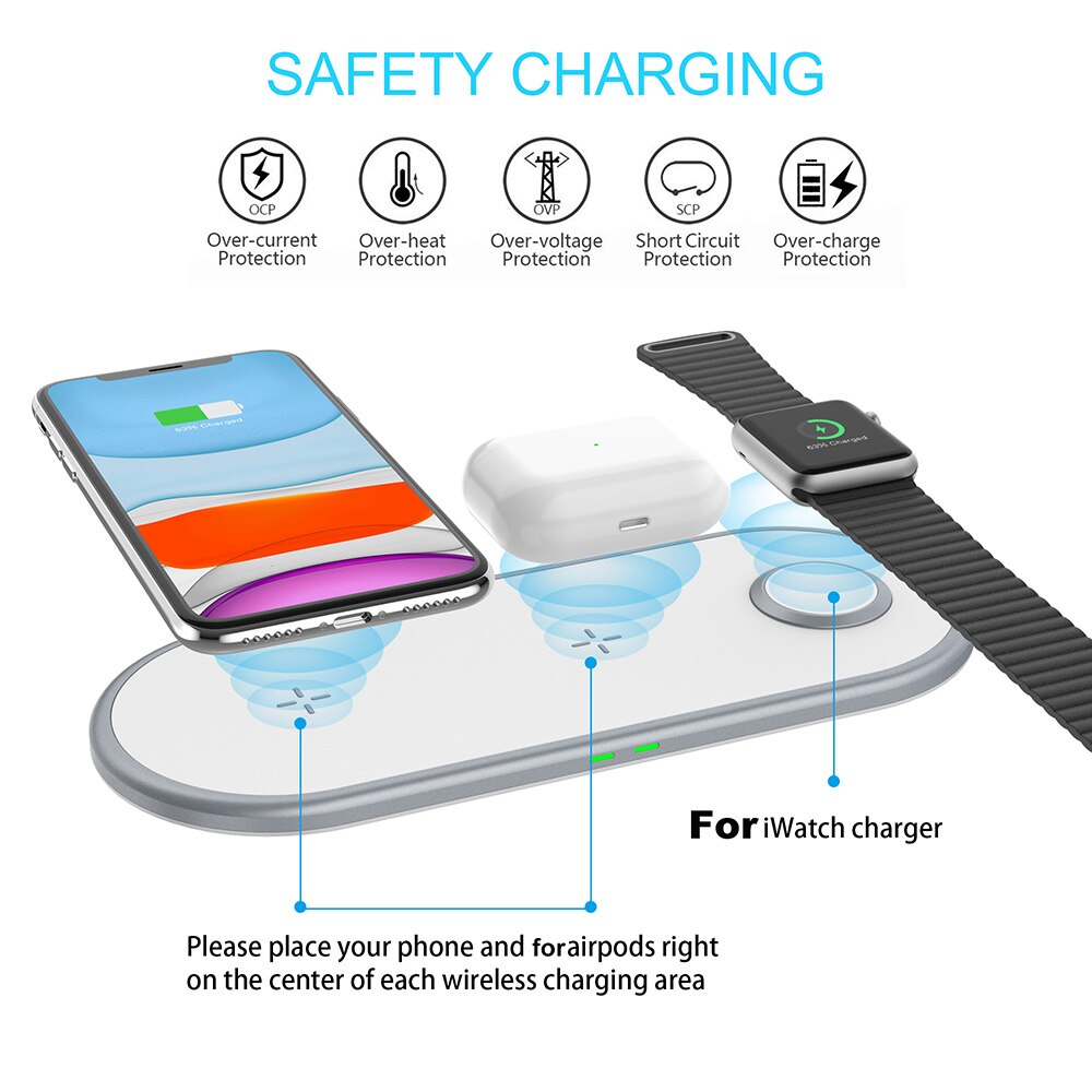 3 In 1 Qi Draadloze Oplader Voor Apple Horloge Iphone 11 Xs Samsung S20 Qc 3.0 10W Snel Opladen pad Voor Iwatch 5 4 3 2 Airpods Pro