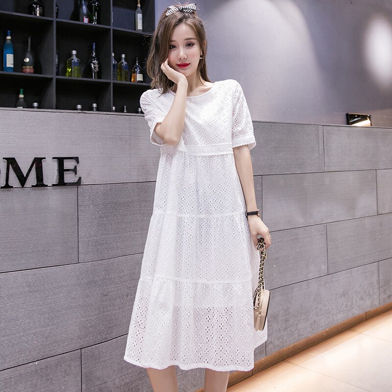 1730# Summer Chic Ins Cotton Lace Maternity Long Dress Hollow Out White Clothes for Pregnant Women Pregnancy Dress