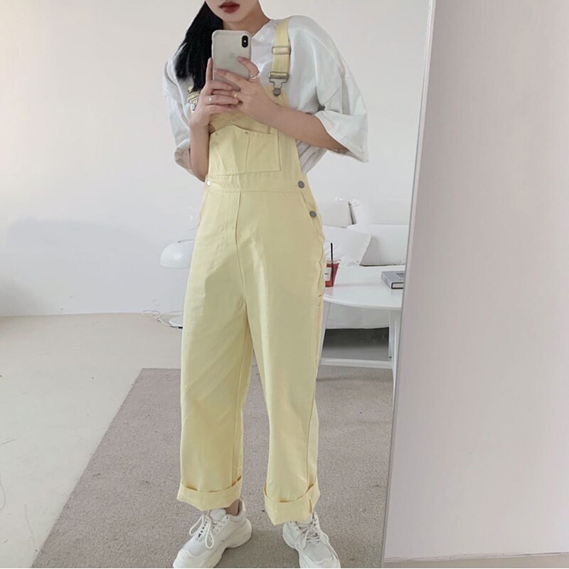 Gele denim jumpsuit dames mouwloos met zak dames jumpsuits casual losse rompers jumpsuits dameskleding