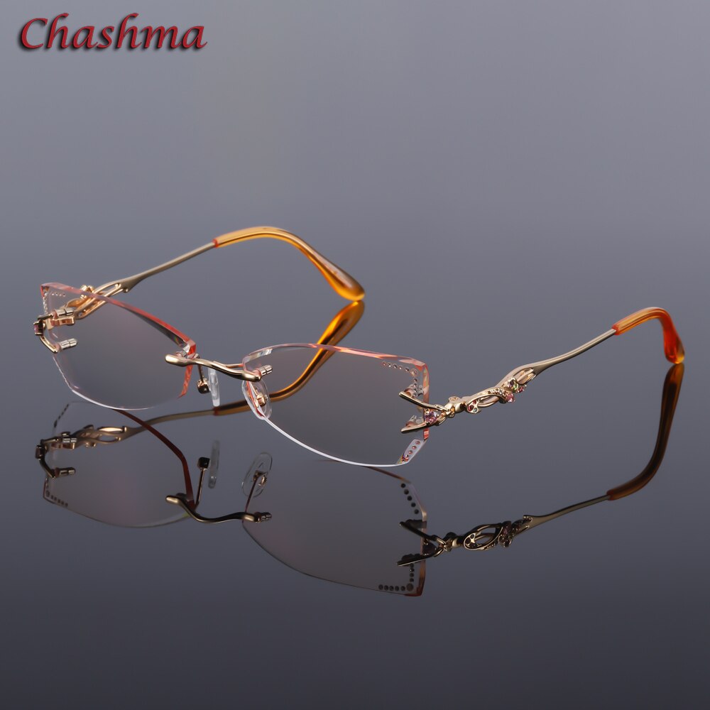 Chashma Brand Tint Lenses Sunglasses Titanium Eyewear Female Diamond Crystal Trimmed Glasses Frame Cat Eye Rimless Glasses Woman