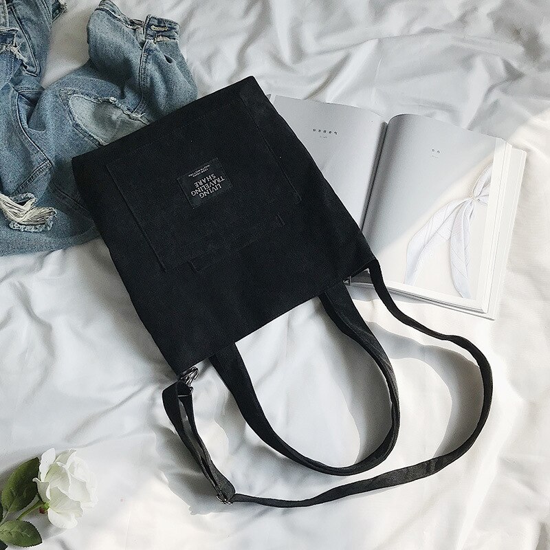 Sac à main en toile velours côtelé pour femmes, sac à bandoulière pour Shopping, sacoche Messenger coréenne, décontracté: Black