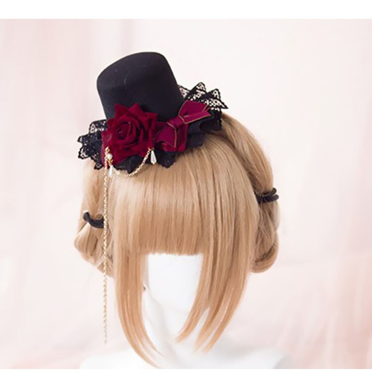 Gothic LOLITA top hat tassel rose cross top hat hairpin headband KC gothic hat hair accessories