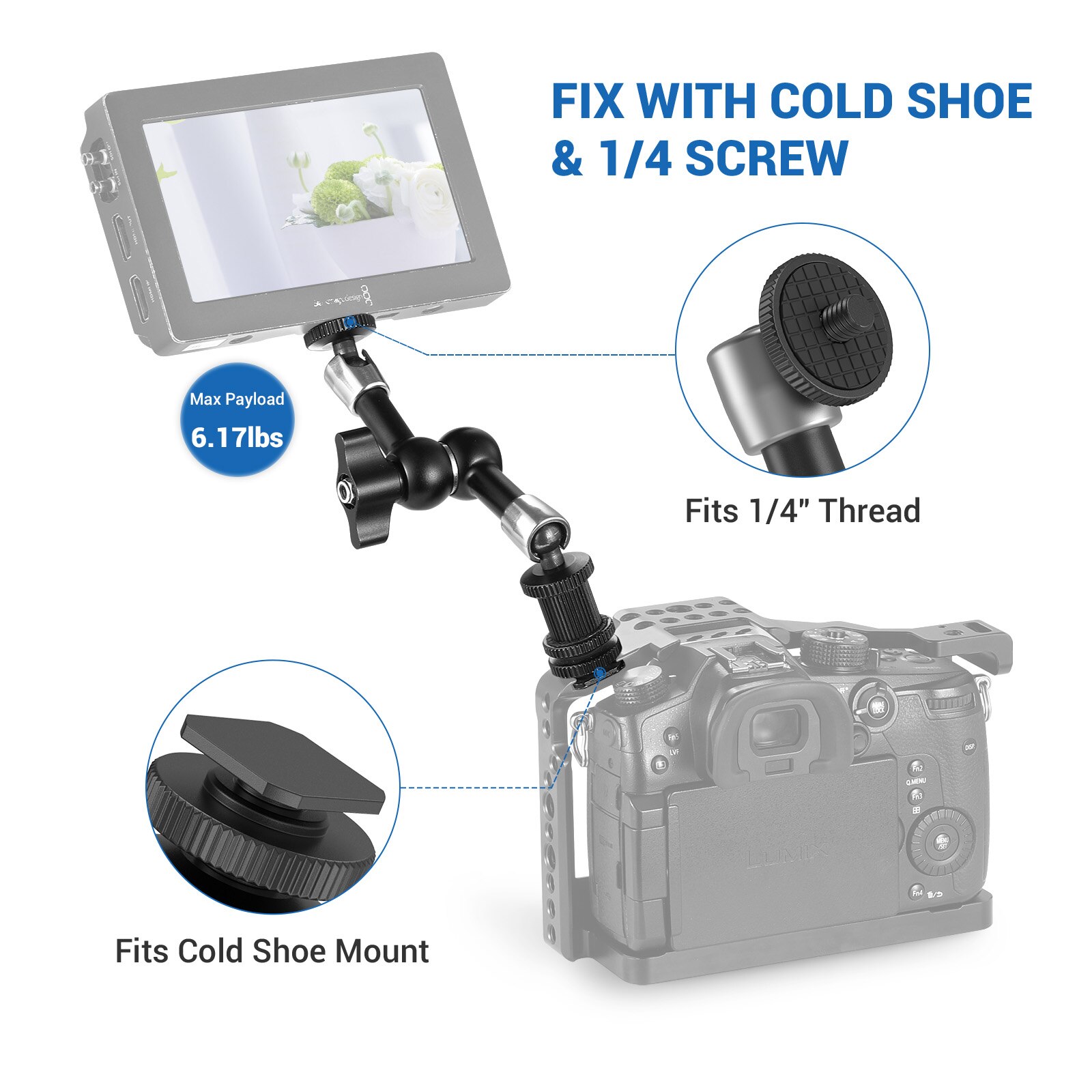 SmallRig Articulating Rosette Arm Max 7 Inches Long With Cold Shoe Mount And 1/4-20 Threaded Screw Adapter - 1497